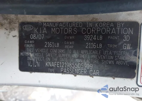 2008 Kia Spectra Ex z USA, uszkodzony, nr VIN KNAFE121985505909